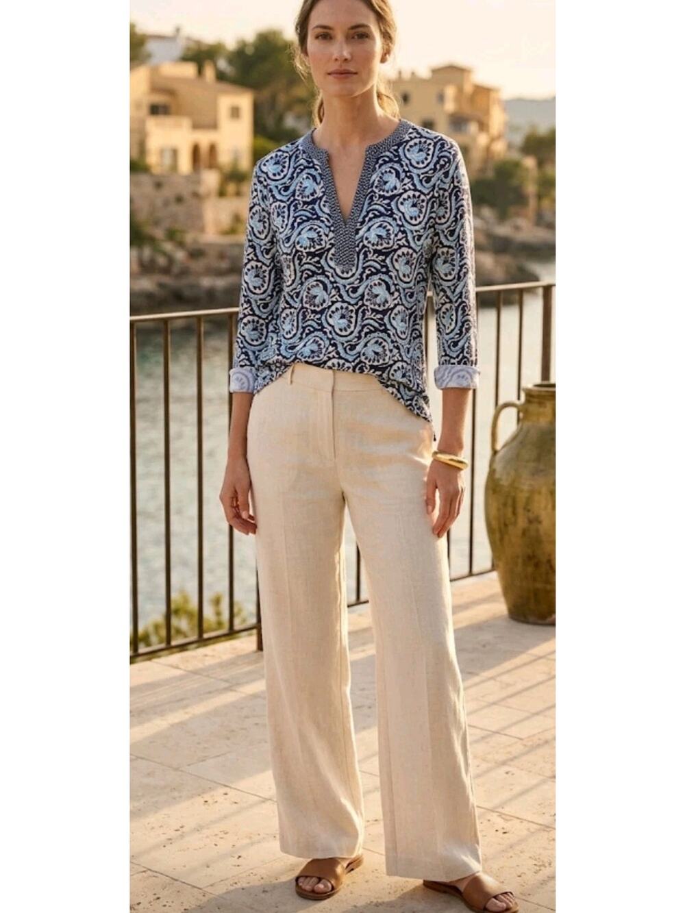 J McLaughlin Boca Tunic Top 3/4 Sleeve Catalina Cloth Size Small